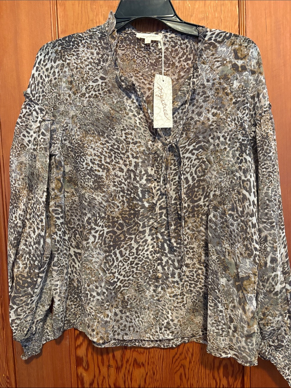 Mystree Brown and Grey Animal Print Tie-Neck Blouse